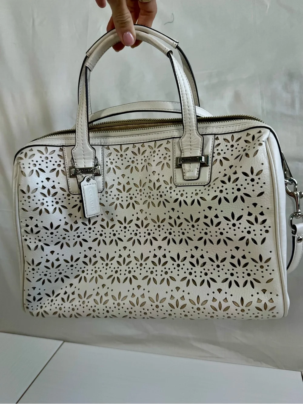 Coach White Laser-Cut Floral Satchel with Silver Hardware